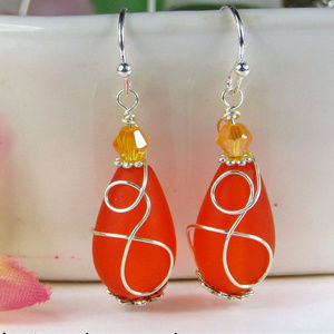 Handmade Orange SEA GLASS Teardrop Earrings